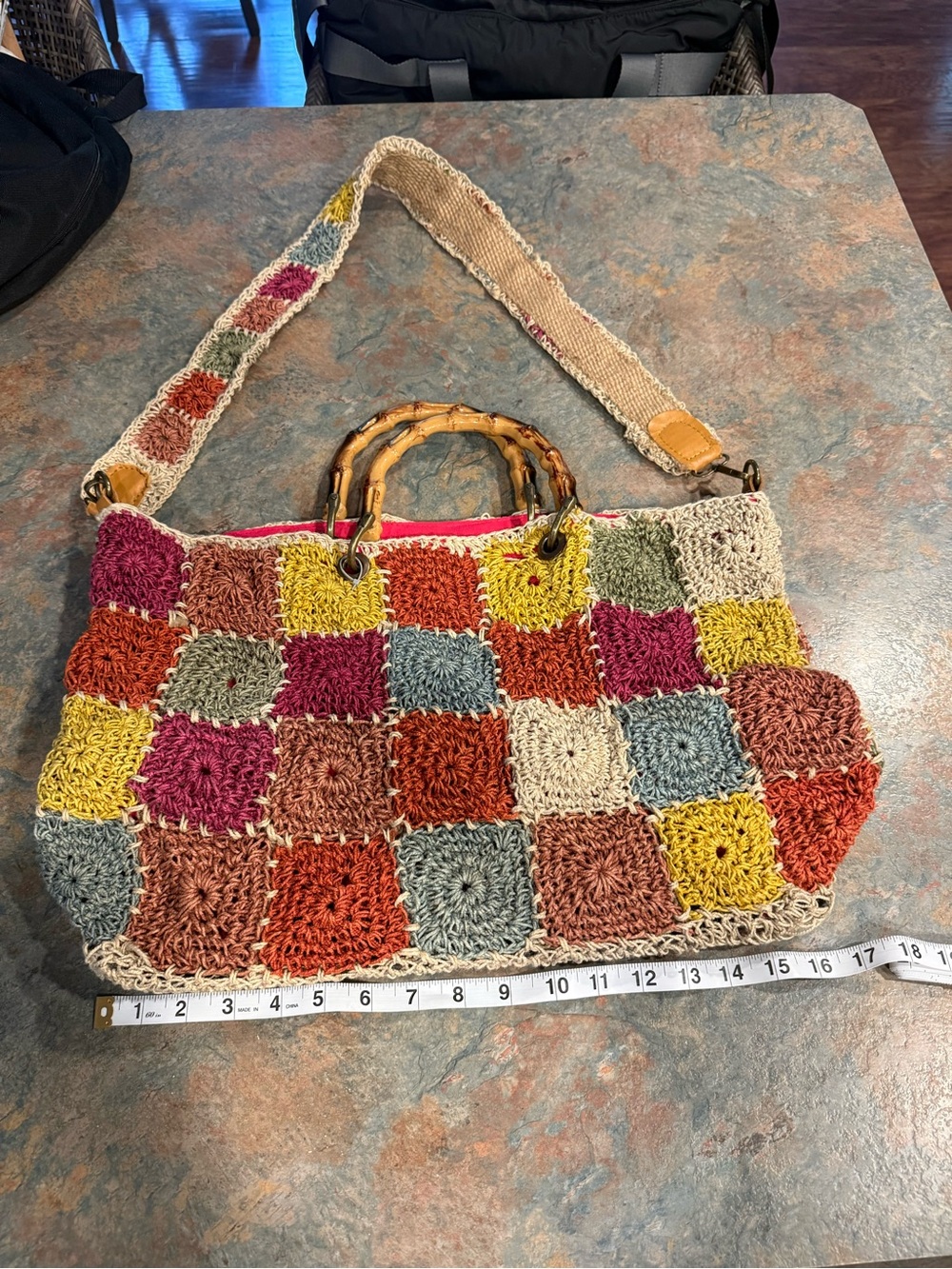 Handmade Multicolor Crochet jute Tote Bag with Bamboo Handles